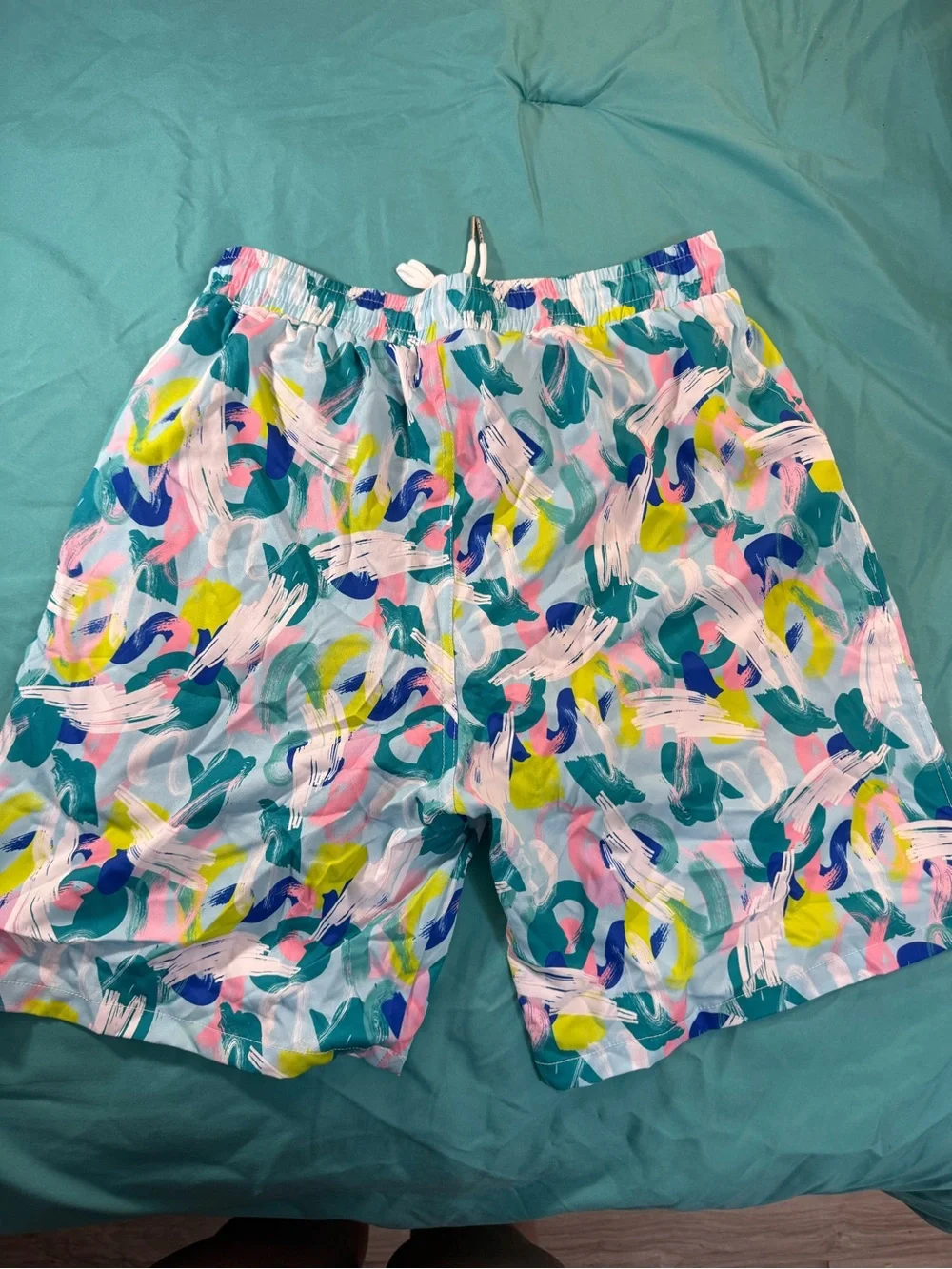 Kids' Aqua Abstract Beachware Swim Shorts with Multicolor Brushstroke Indie Arts